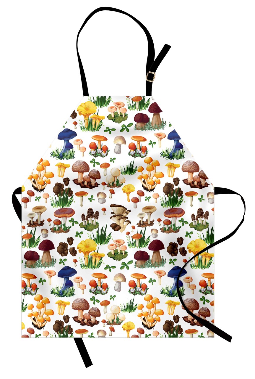 Ambesonne Mushroom Apron, Pattern Types of Mushrooms Wild Species Natural Organic Food Garden Theme, Unisex Kitchen Bib with Adjustable Neck for Cooking Gardening, Adult Size, Multicolor